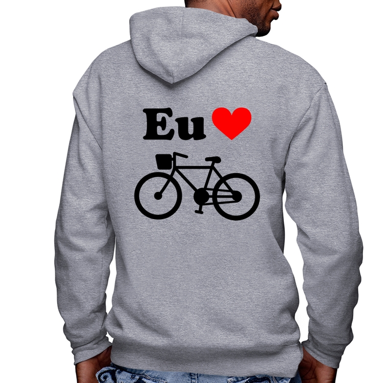 Blusa Moletom Eu Amo Bicicleta Masculina com Capuz e Zíper - Mescla