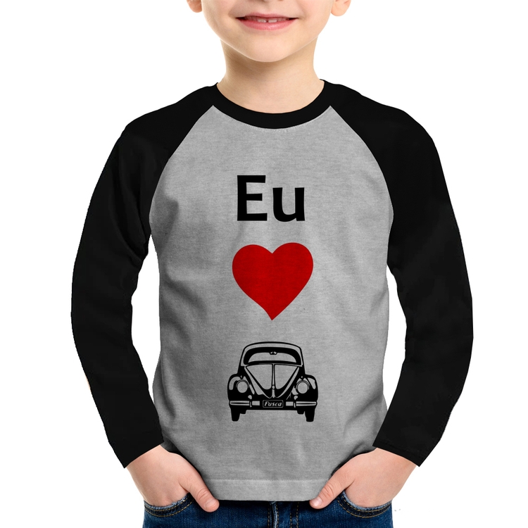 Camiseta Raglan Infantil Eu amo fusca Manga Longa - Cinza/Preto