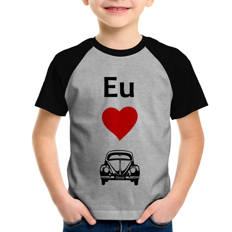 Camiseta Raglan Infantil Eu amo fusca - Cinza/Preto