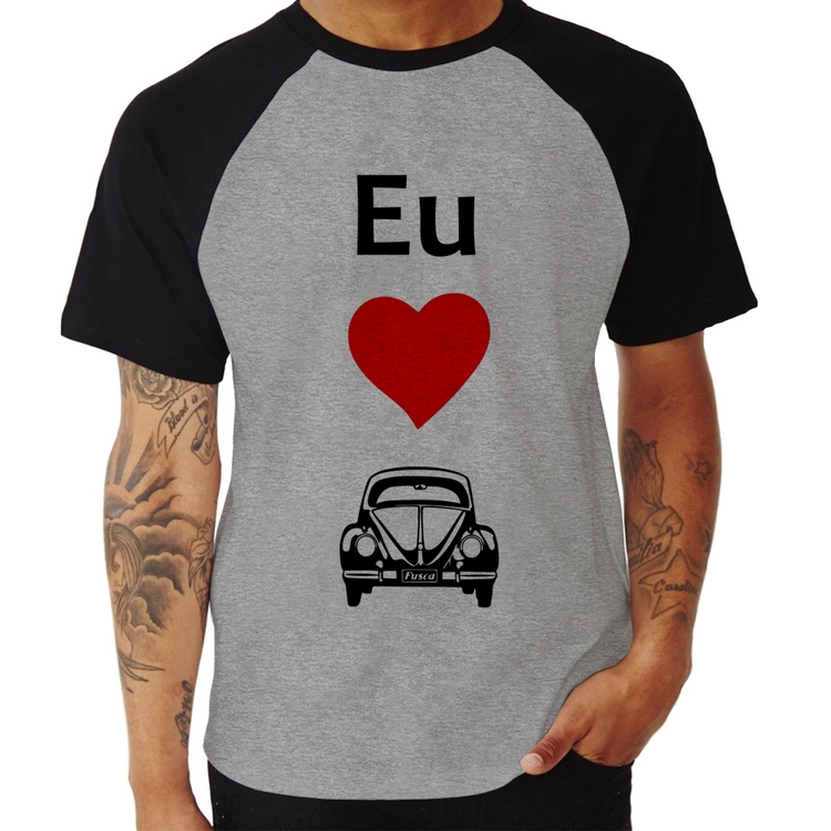 Camiseta Raglan Eu amo fusca - Cinza/Preto