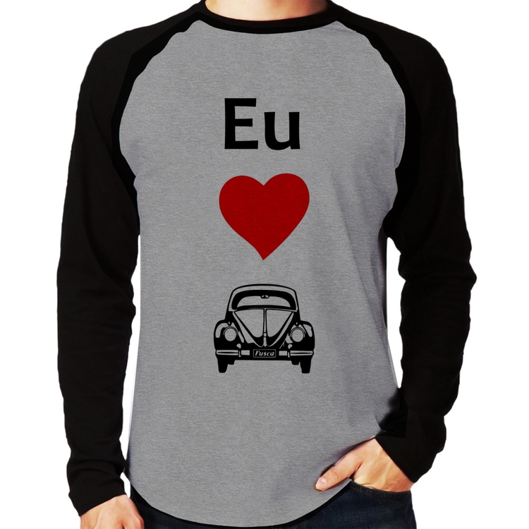 Camiseta Raglan Eu amo fusca Manga Longa - Cinza/Preto