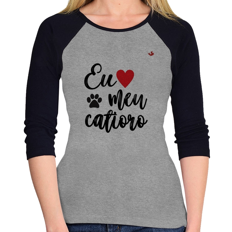 Baby Look Raglan Eu amo meu catioro Manga 3/4 - Cinza/Preto