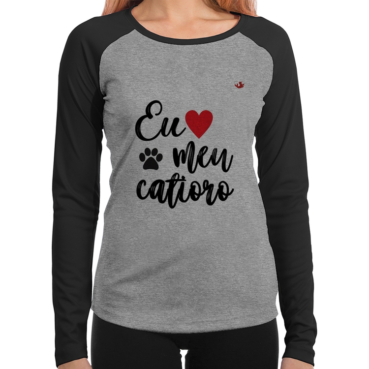 Baby Look Raglan Eu amo meu catioro Manga Longa - Cinza/Preto