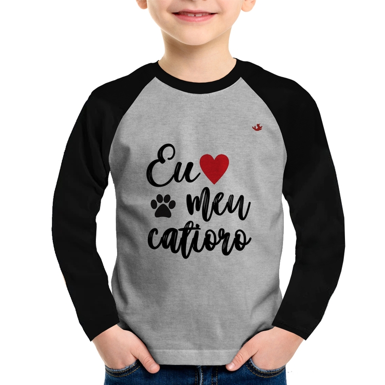 Camiseta Raglan Infantil Eu amo meu catioro Manga Longa - Cinza/Preto