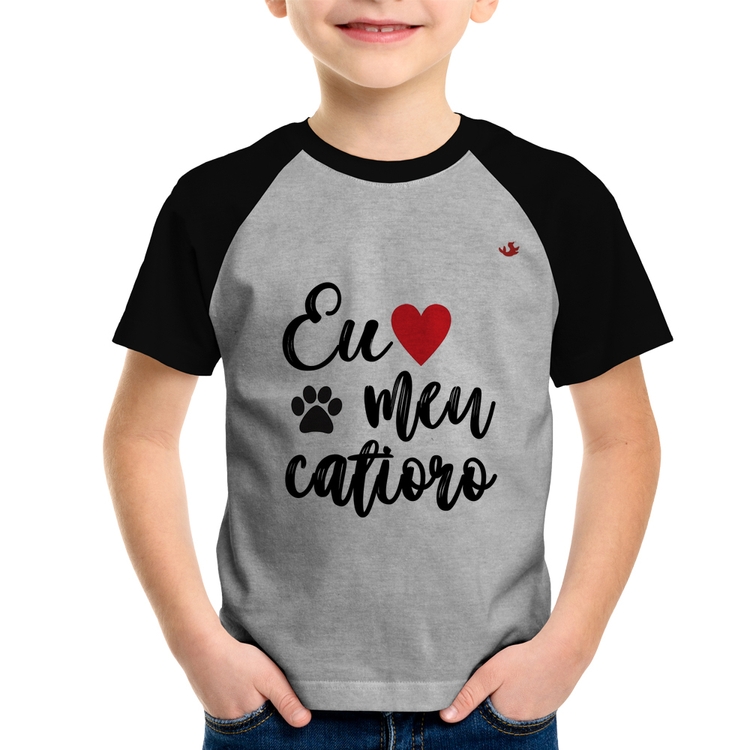 Camiseta Raglan Infantil Eu amo meu catioro - Cinza/Preto