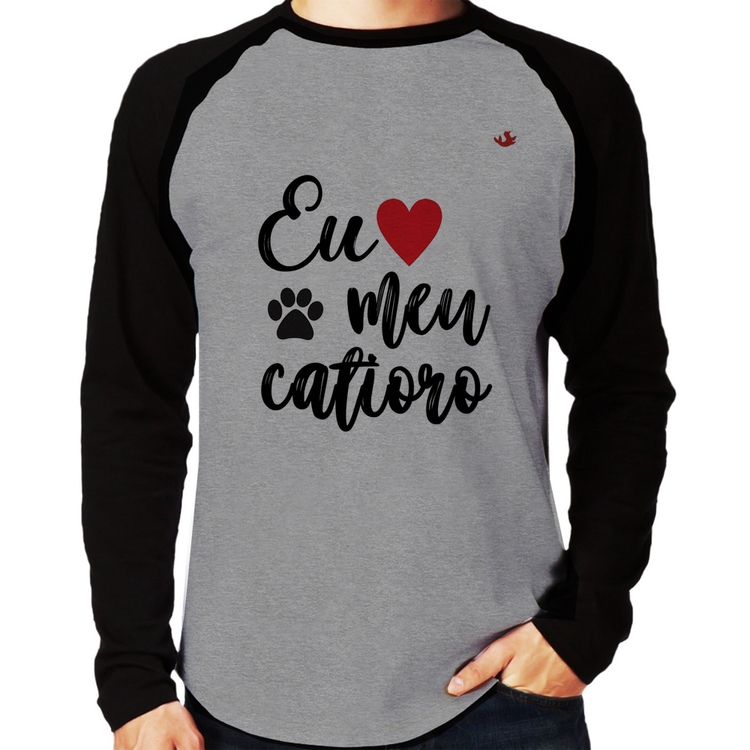 Camiseta Raglan Eu amo meu catioro Manga Longa - Cinza/Preto