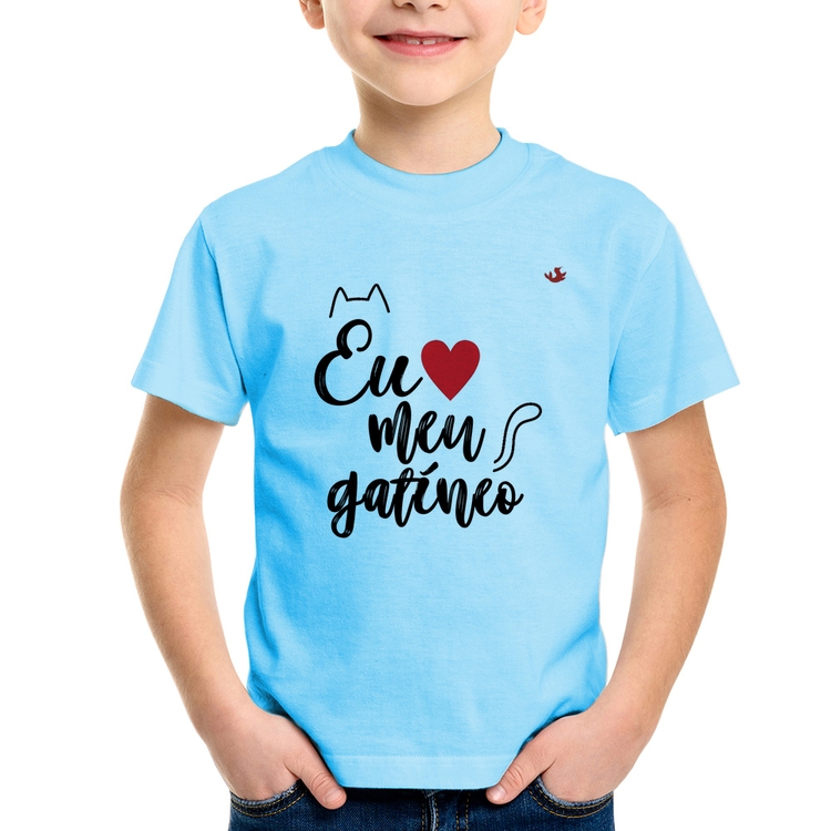 Camiseta Infantil Eu amo meu gatíneo - Azul Bebê