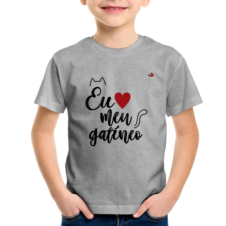 Camiseta Infantil Eu amo meu gatíneo - Cinza
