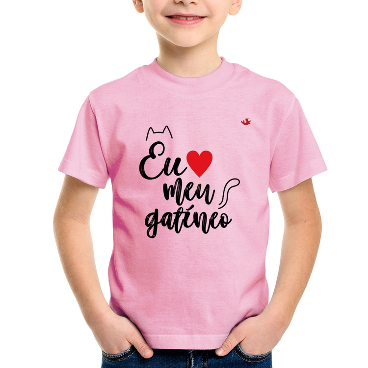 Camiseta Infantil Eu amo meu gatíneo - Rosa Bebê