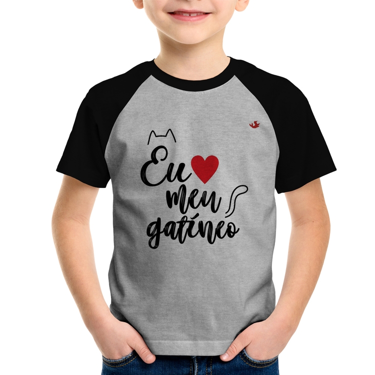 Camiseta Raglan Infantil Eu amo meu gatíneo - Cinza/Preto