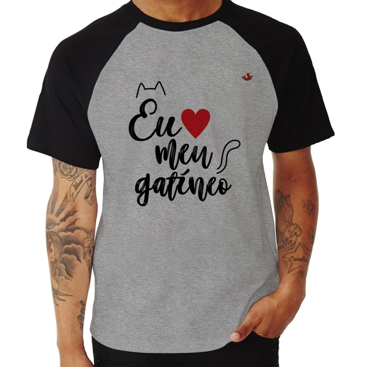 Camiseta Raglan Eu amo meu gatíneo - Cinza/Preto