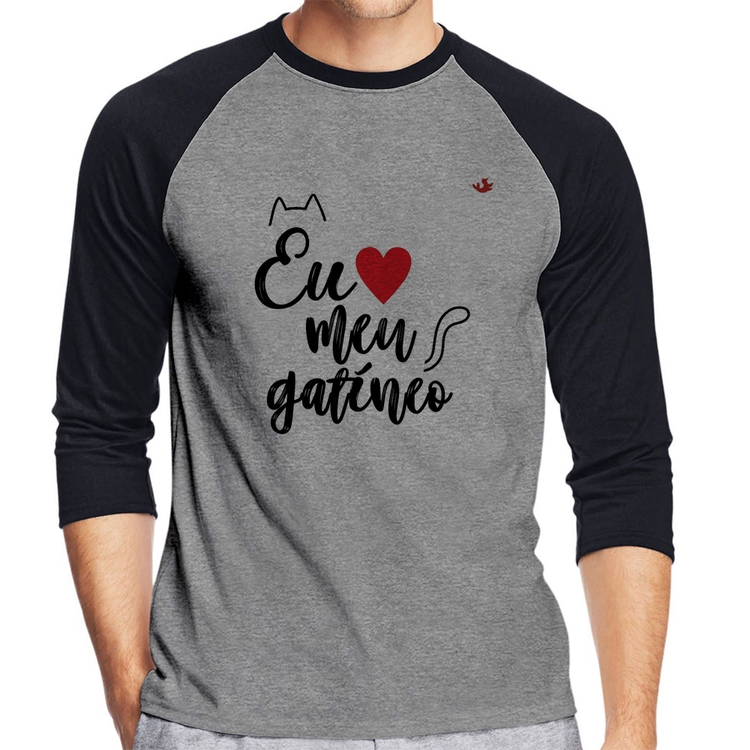 Camiseta Raglan Eu amo meu gatíneo Manga 3/4 - Cinza/Preto