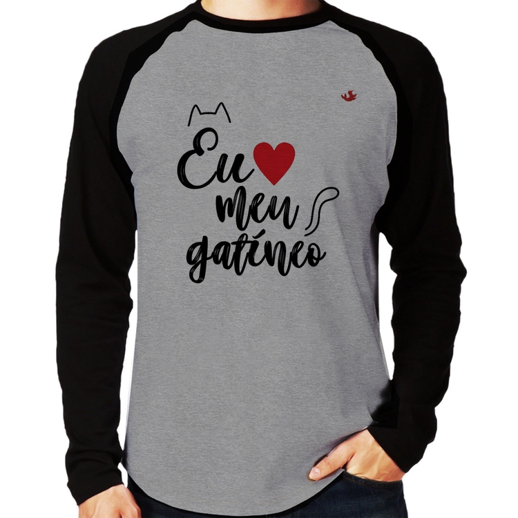 Camiseta Raglan Eu amo meu gatíneo Manga Longa - Cinza/Preto