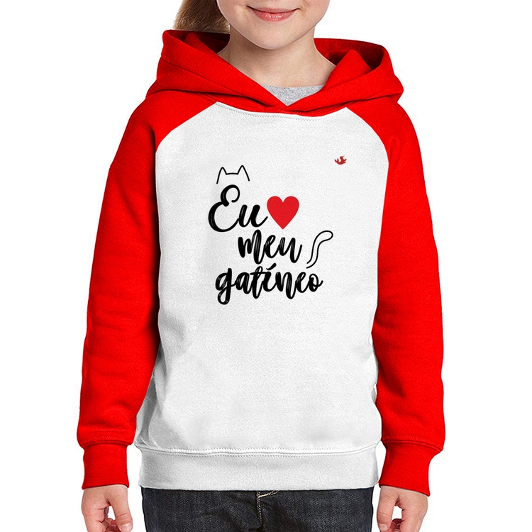 Moletom Infantil Eu amo meu gatíneo - Branco/Vermelho