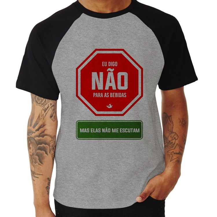 Camiseta Raglan Eu digo não para as bebidas - Cinza/Preto