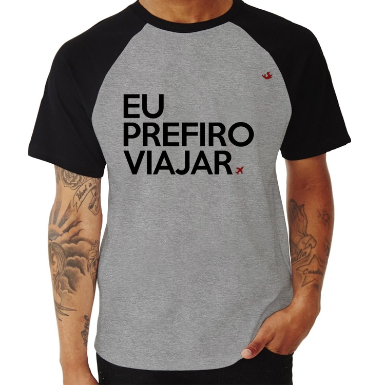 Camiseta Raglan Eu prefiro viajar - Cinza/Preto