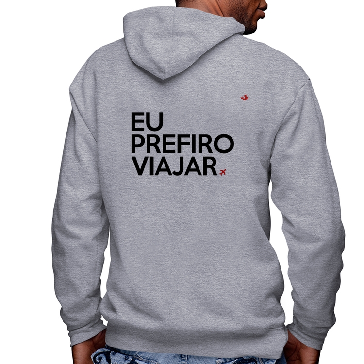 Blusa Moletom Eu prefiro viajar Masculina com Capuz e Zíper - Mescla