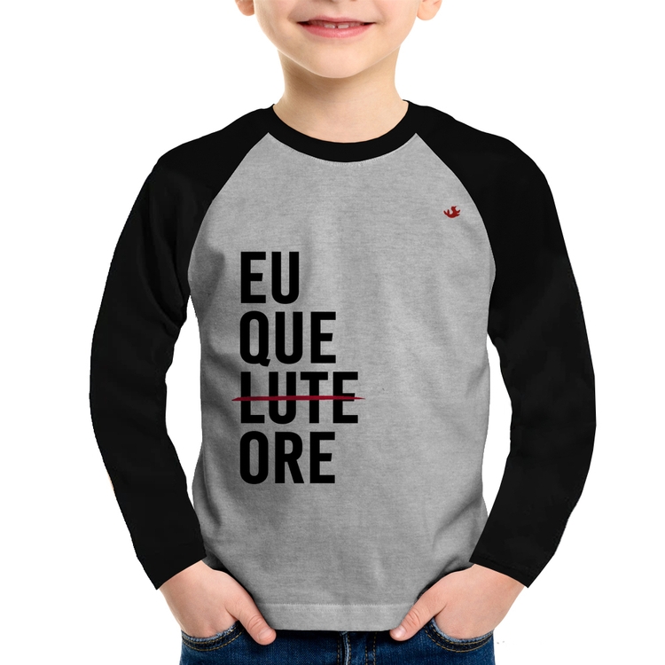 Camiseta Raglan Infantil Eu que ore Manga Longa - Cinza/Preto