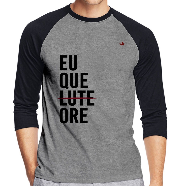 Camiseta Raglan Eu que ore Manga 3/4 - Cinza/Preto