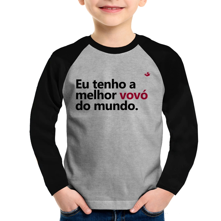 Camiseta Raglan Infantil Eu tenho a melhor vovó do mundo Manga Longa - Cinza/Preto