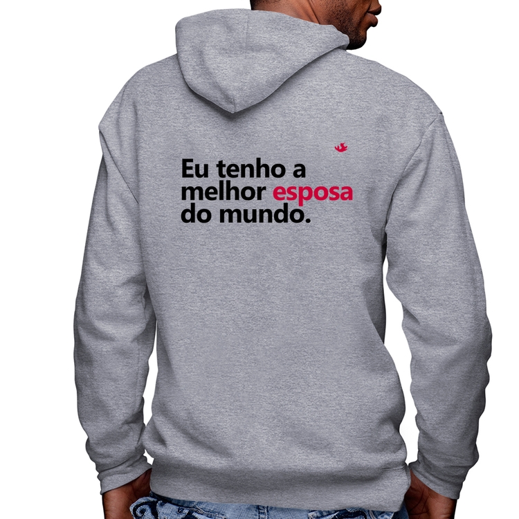 Blusa Moletom Eu tenho o melhor esposa do mundo Masculina com Capuz e Zíper - Mescla