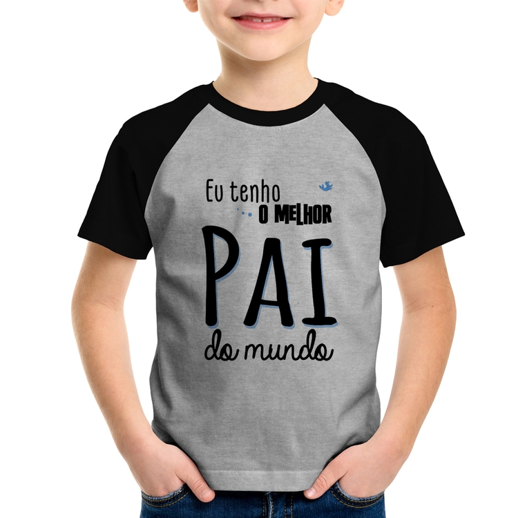 Camiseta Raglan Infantil Eu tenho o melhor pai do mundo (azul) - Cinza/Preto