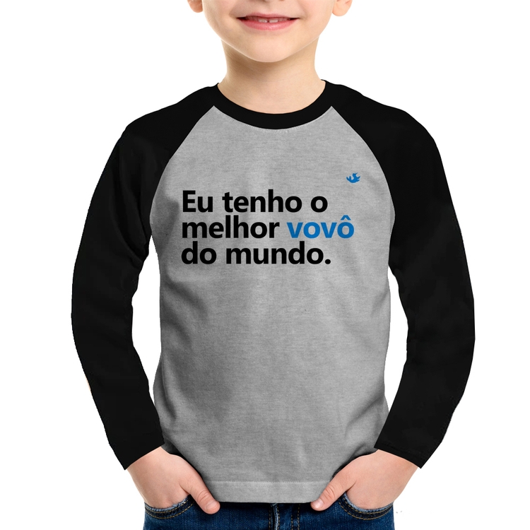 Camiseta Raglan Infantil Eu tenho o melhor vovô do mundo Manga Longa - Cinza/Preto