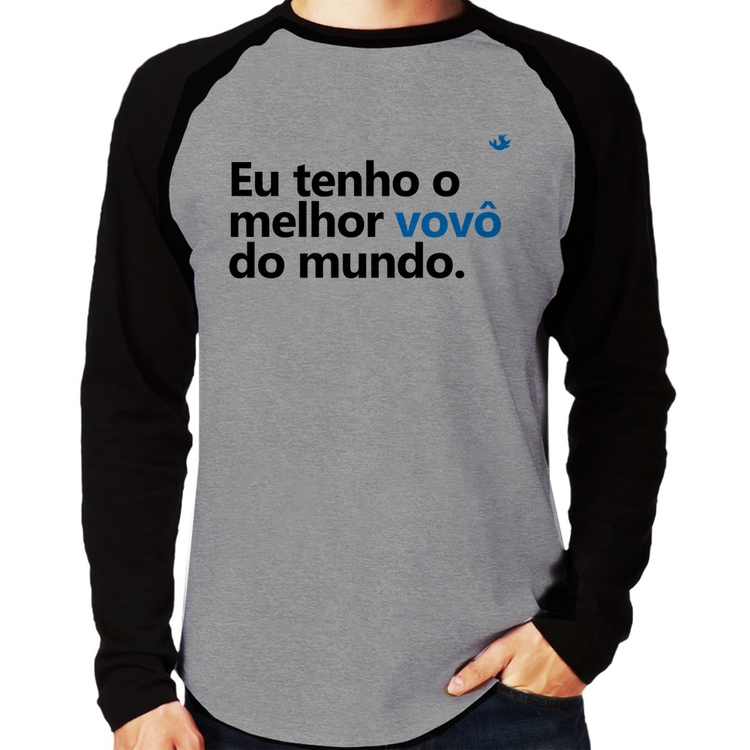 Camiseta Raglan Eu tenho o melhor vovô do mundo Manga Longa - Cinza/Preto
