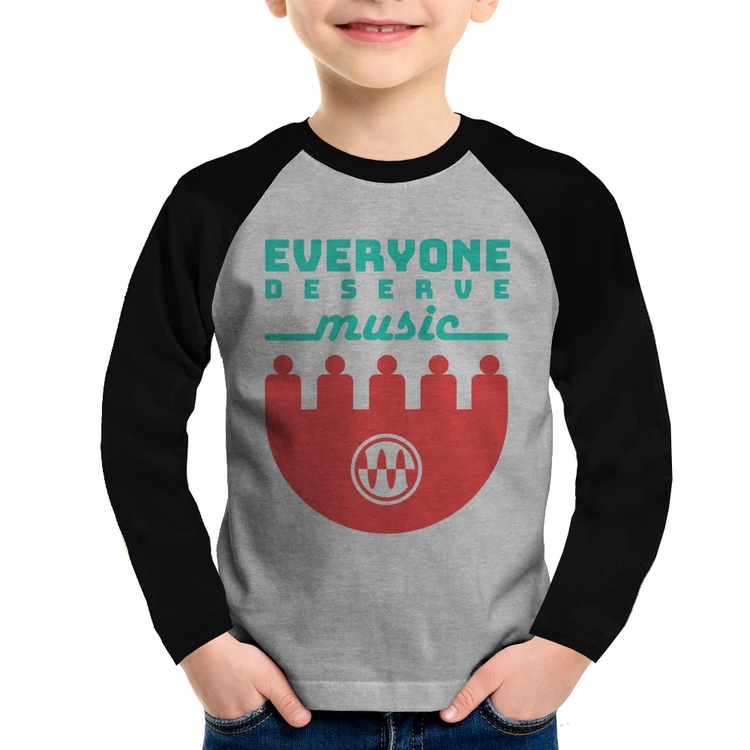 Camiseta Raglan Infantil Everyone Deserve Music Manga Longa - Cinza/Preto