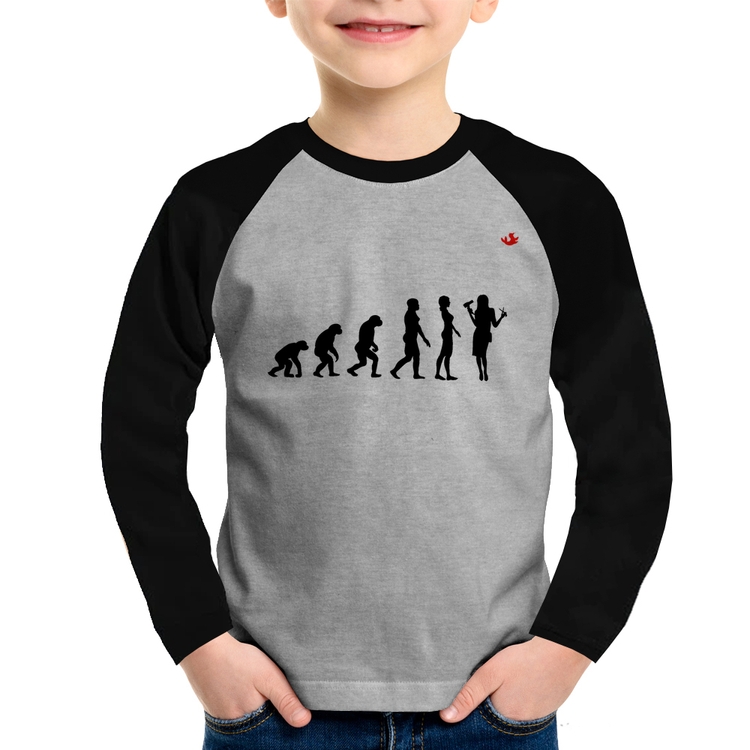 Camiseta Raglan Infantil Evolução da Cabeleireira Manga Longa - Cinza/Preto