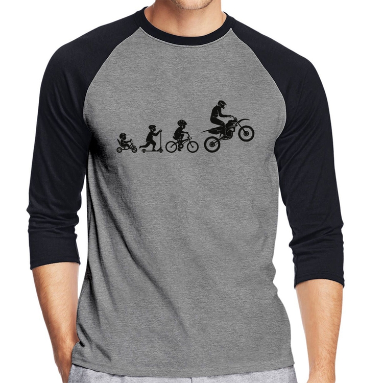 Camiseta Raglan Evolução da Moto Manga 3/4 - Cinza/Preto