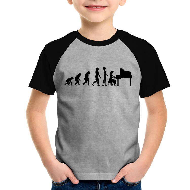 Camiseta Raglan Infantil Evolução da Pianista (Piano) - Cinza/Preto