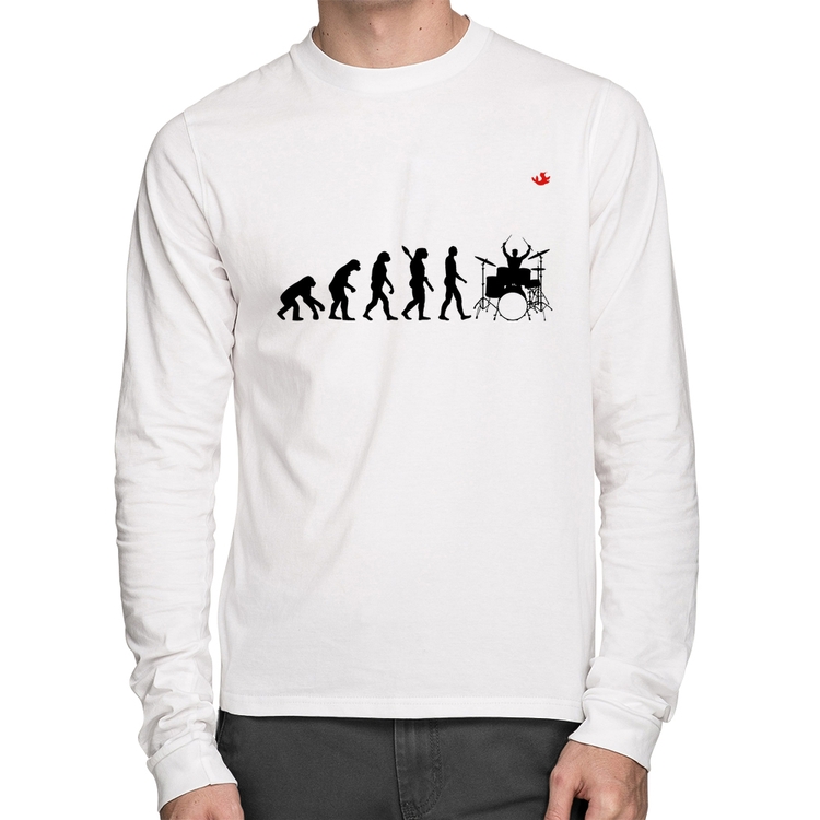 Camiseta Algodão Evolução do Baterista (Bateria) Manga Longa - Branca