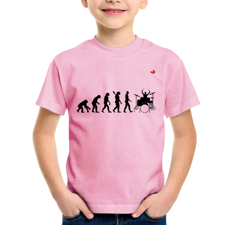 Camiseta Infantil Evolução do Baterista (Bateria) - Rosa Bebê