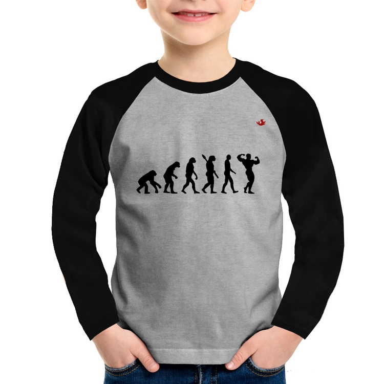 Camiseta Raglan Infantil Evolução do Bodybuilder Manga Longa - Cinza/Preto
