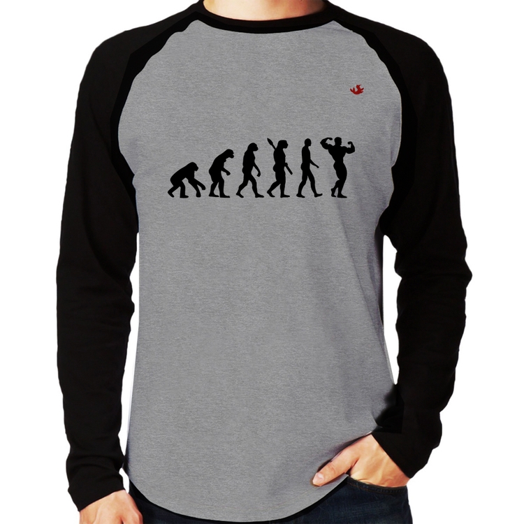 Camiseta Raglan Evolução do Bodybuilder Manga Longa - Cinza/Preto