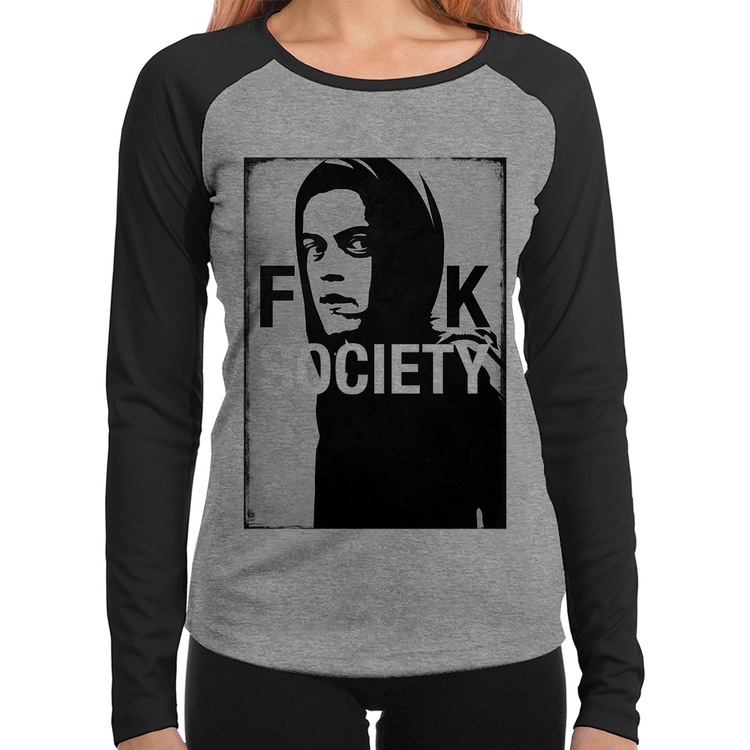 Baby Look Raglan F**k Society Eliot Manga Longa - Cinza/Preto