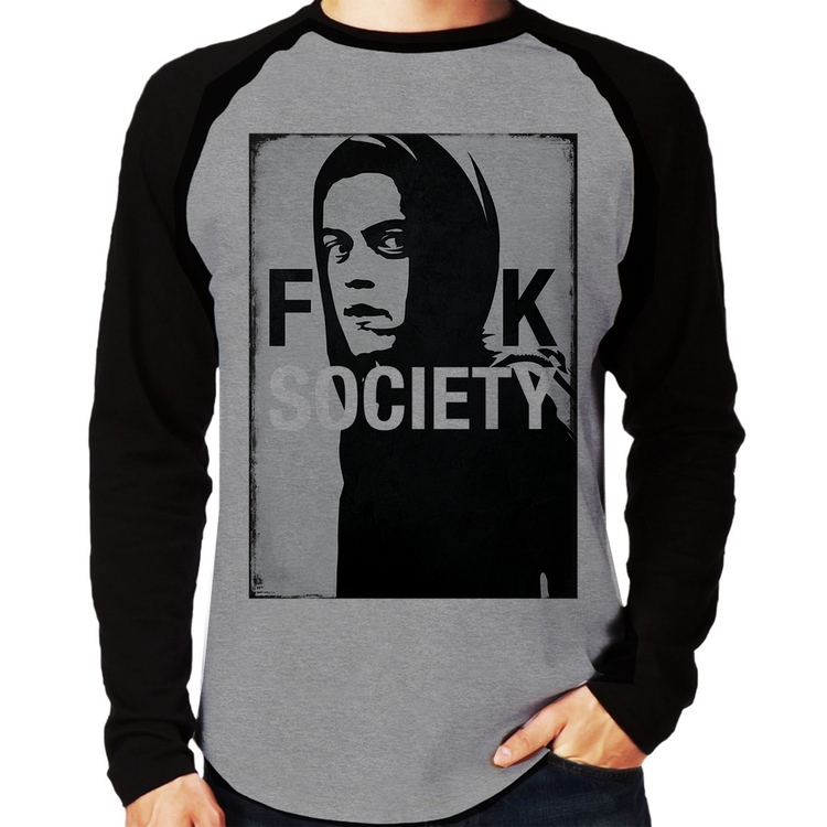 Camiseta Raglan F**k Society Eliot Manga Longa - Cinza/Preto