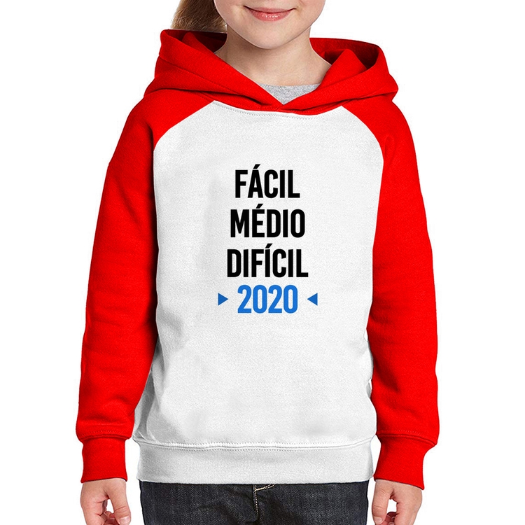 Moletom Infantil Fácil, Médio, Difícil, 2020 - Branco/Vermelho