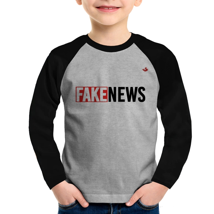 Camiseta Raglan Infantil Fake News Manga Longa - Cinza/Preto