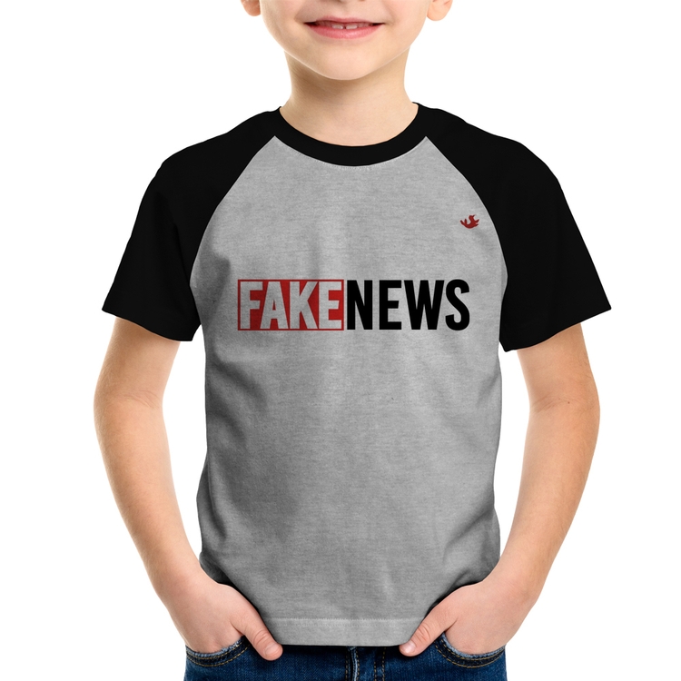 Camiseta Raglan Infantil Fake News - Cinza/Preto