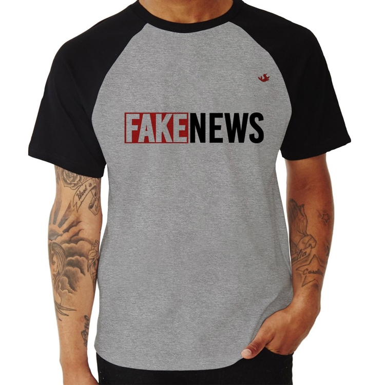 Camiseta Raglan Fake News - Cinza/Preto
