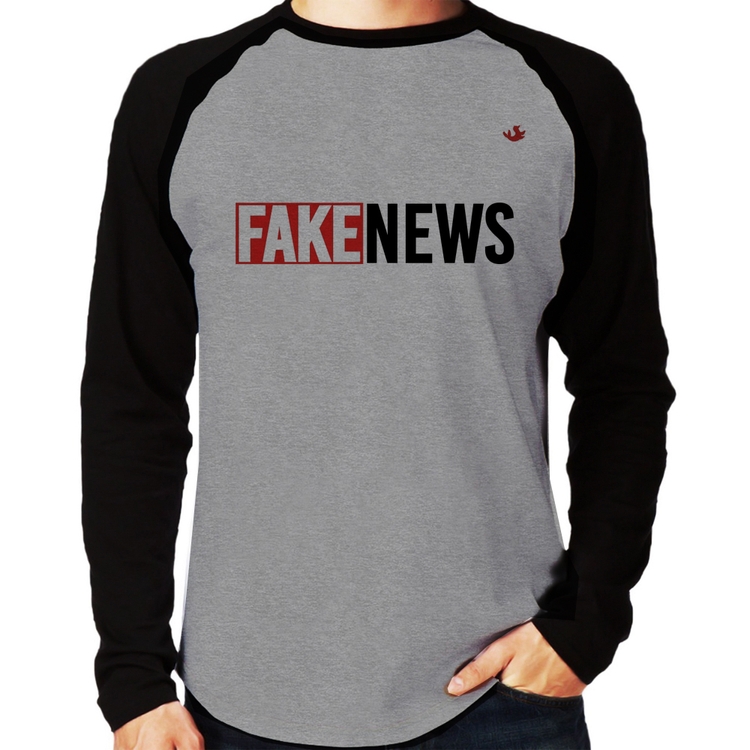 Camiseta Raglan Fake News Manga Longa - Cinza/Preto