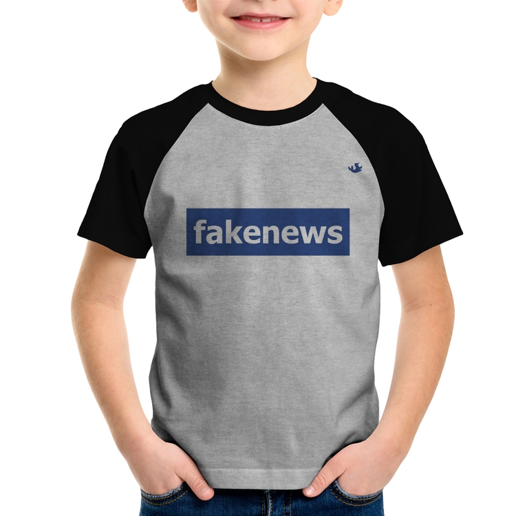 Camiseta Raglan Infantil fakenews - Cinza/Preto