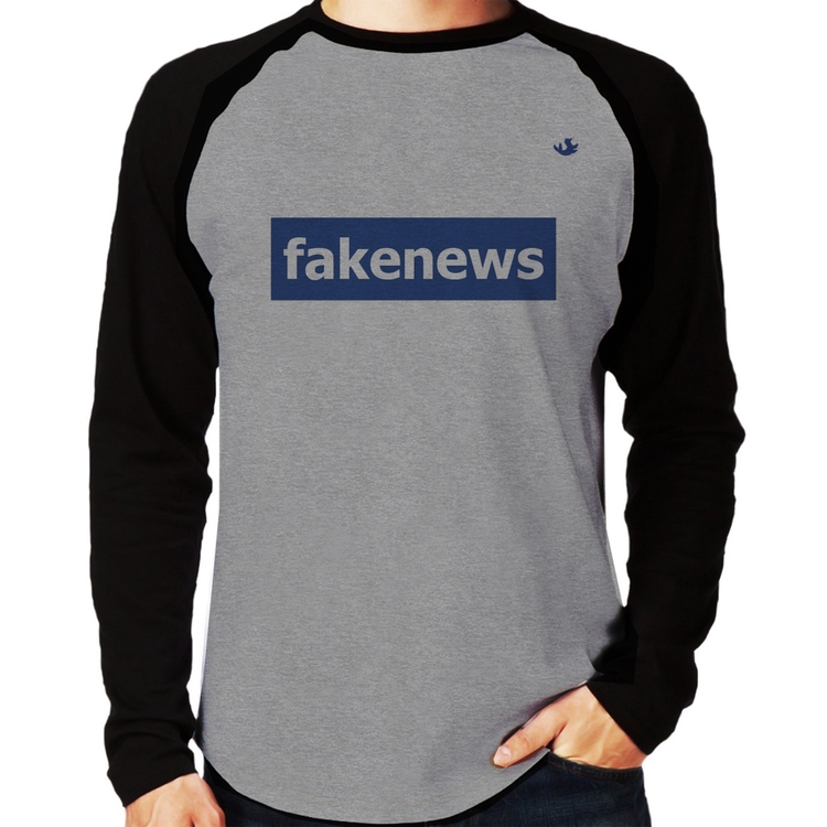 Camiseta Raglan fakenews Manga Longa - Cinza/Preto