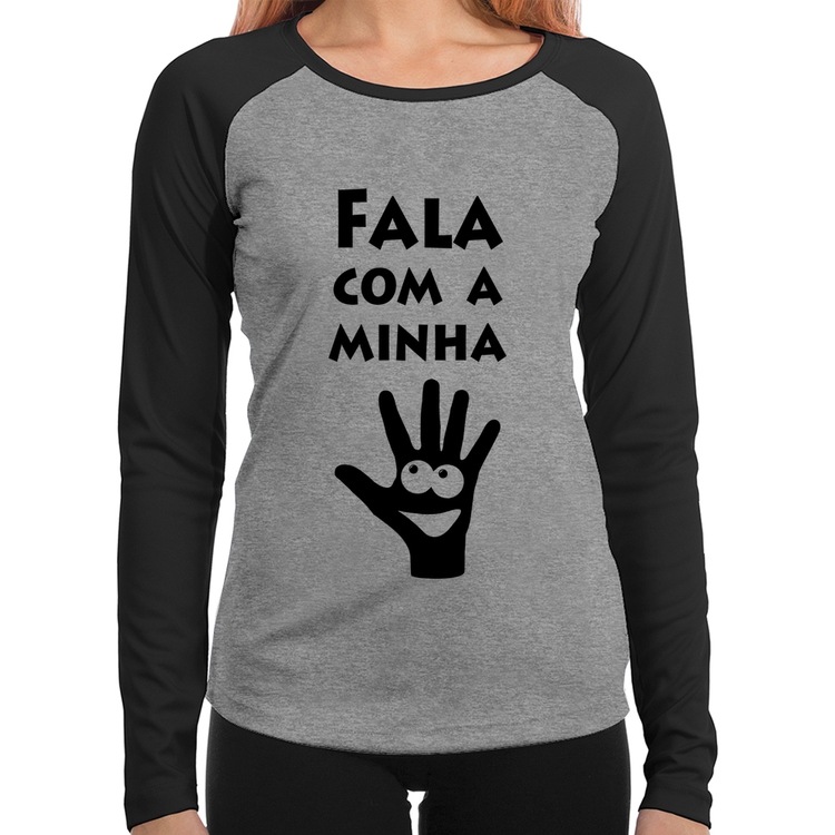 Baby Look Raglan Fala Com a Minha Mão Manga Longa - Cinza/Preto