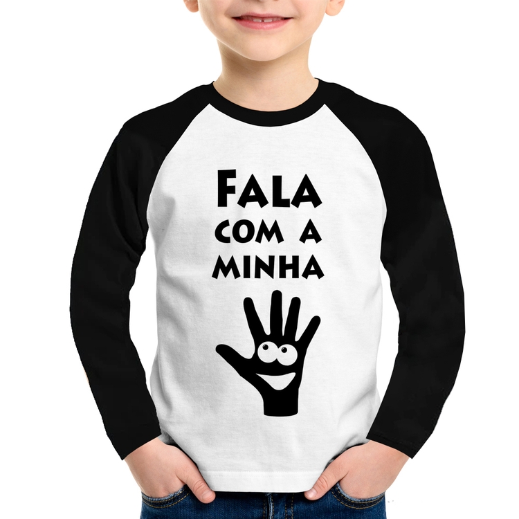 Camiseta Raglan Infantil Fala Com a Minha Mão Manga Longa