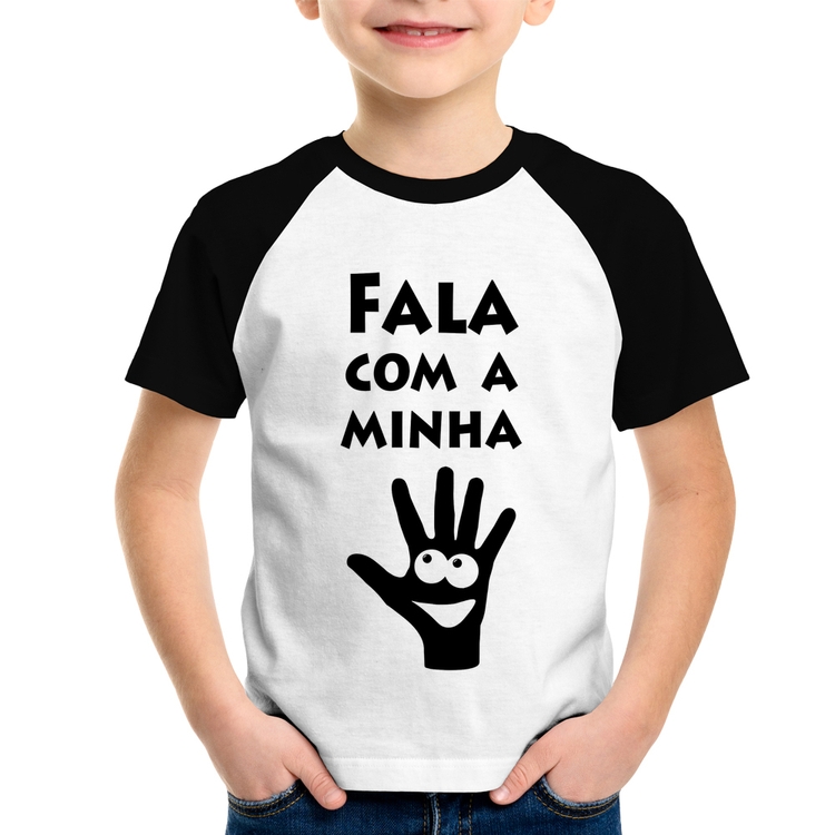 Camiseta Raglan Infantil Fala Com a Minha Mão