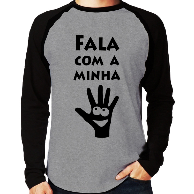 Camiseta Raglan Fala Com a Minha Mão Manga Longa - Cinza/Preto