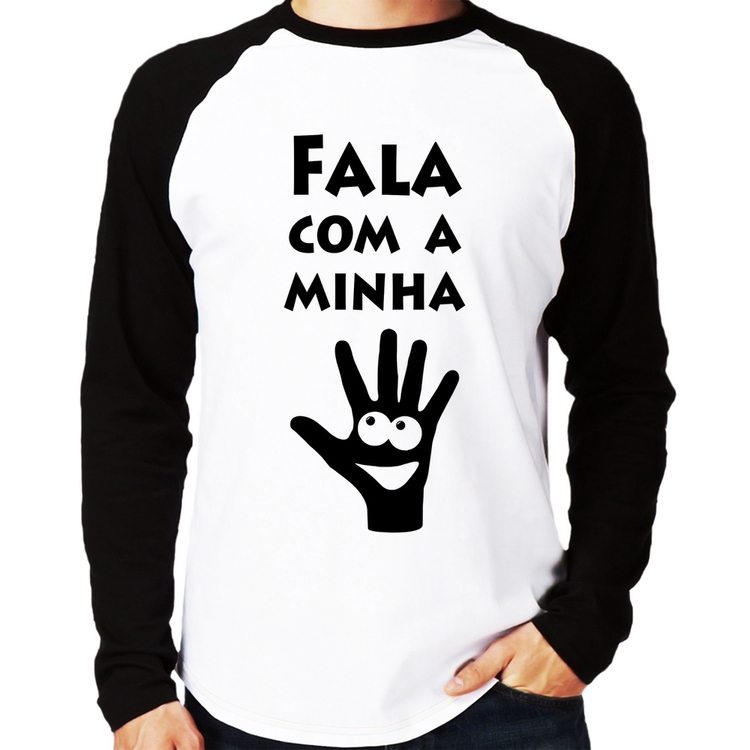 Camiseta Raglan Fala Com a Minha Mão Manga Longa